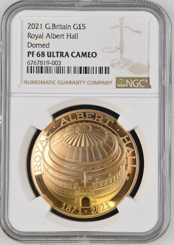 2021 GOLD PROOF £5 ROYAL ALBERT HALL (NGC) PF 68 ULTRA CAMEO ( DOMED ) - NGC GOLD COINS - Cambridgeshire Coins