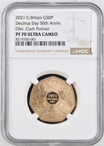 2021 GOLD PROOF 50P DECIMAL DAY 50TH ANNIVERSARY CLARK PORTRAIT PF70 ULTRA CAMEO - NGC GOLD 50P - Cambridgeshire Coins