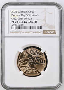 2021 GOLD PROOF 50P DECIMAL DAY ULTRA CAMEO PF 70 - NGC GOLD 50P - Cambridgeshire Coins
