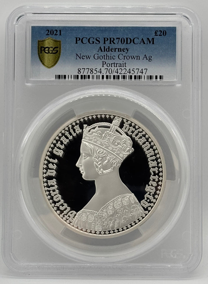 2021 SILVER £20 NEW GOTHIC CROWN PCGS PR70 ALDERNEY PORTRAIT - NGC SILVER COINS - Cambridgeshire Coins