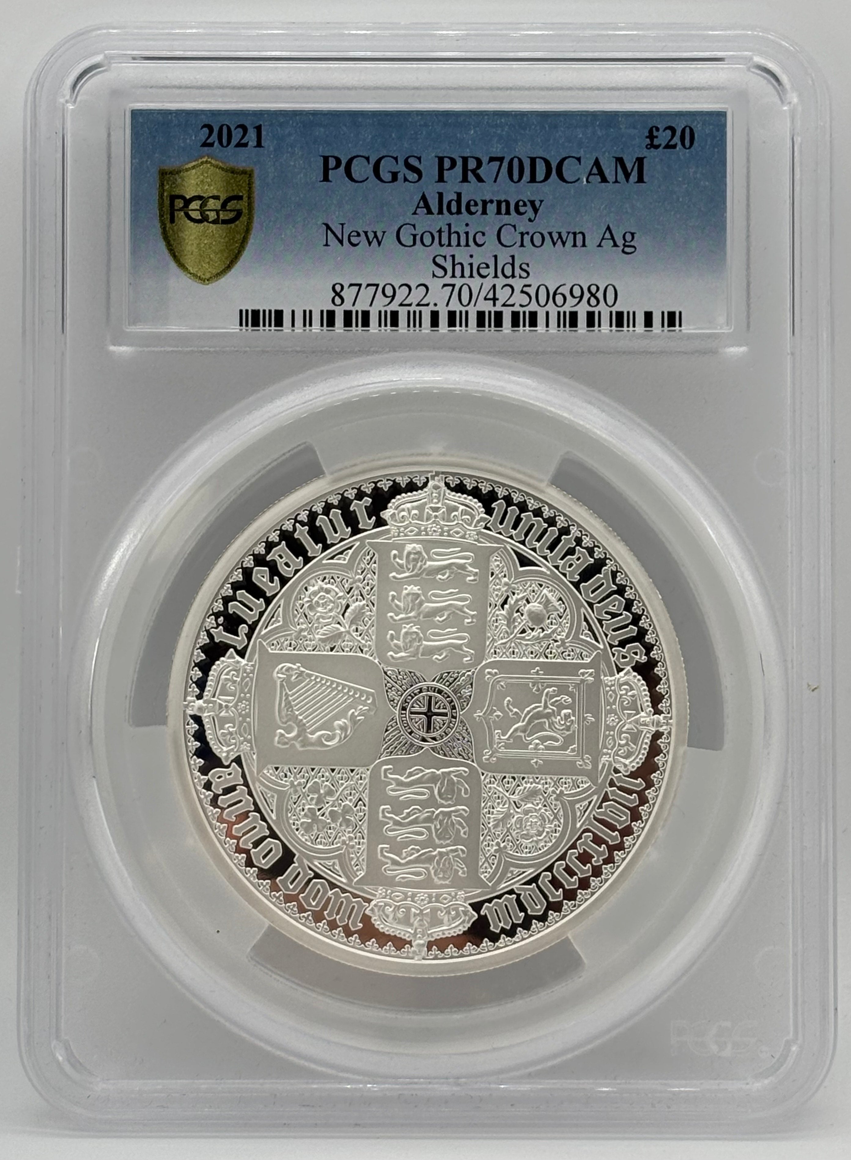 2021 SILVER £20 NEW GOTHIC CROWN PCGS PR70 ALDERNEY SHIELDS NGC