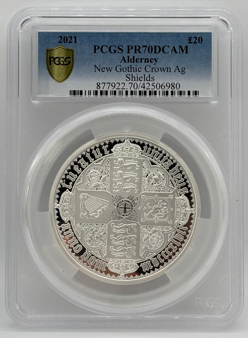 2021 SILVER £20 NEW GOTHIC CROWN PCGS PR70 ALDERNEY SHIELDS NGC