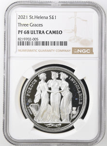2021 SILVER PROOF £1 ST HELENA THREE GRACES PF 68 ULTRA CAMEO - NGC SILVER COINS - Cambridgeshire Coins