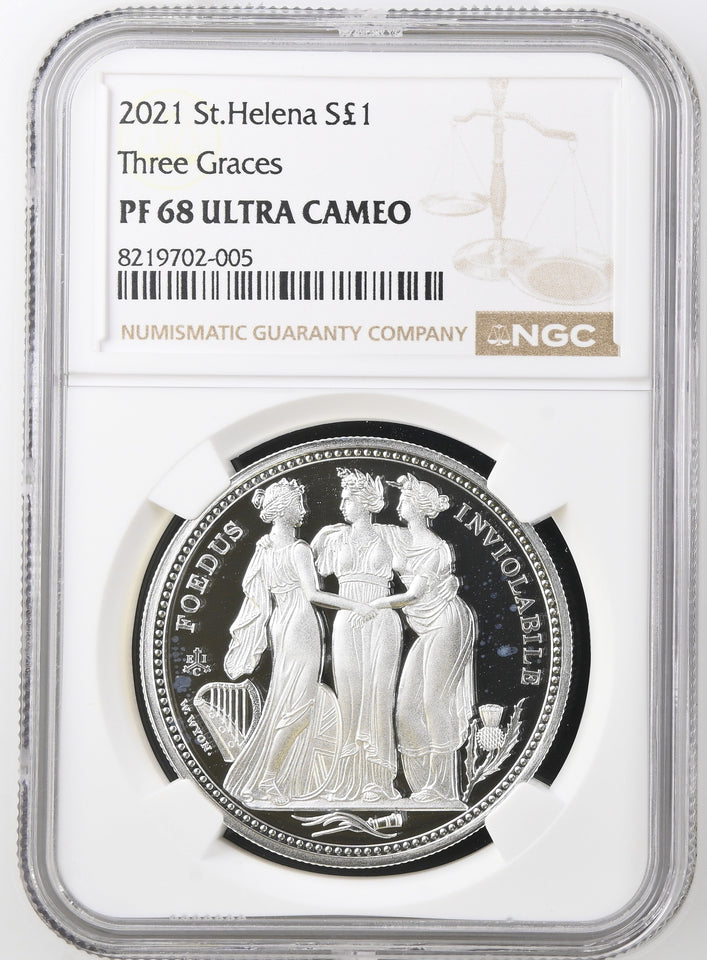 2021 SILVER PROOF £1 ST HELENA THREE GRACES PF 68 ULTRA CAMEO - NGC SILVER COINS - Cambridgeshire Coins