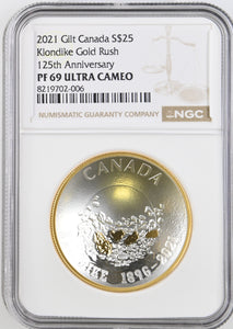 2021 SILVER PROOF $25 GILT CANADA KLONDIKE GOLD RUSH 125TH ANNIVERSARY PF69 ULTRA CAMEO - NGC SILVER COINS - Cambridgeshire Coins