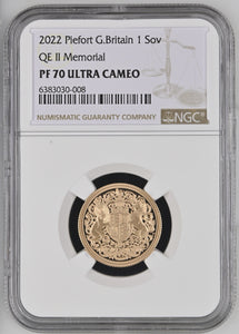 2022 GOLD 1 SOVEREIGN PIEDFORT QE II MEMORIAL PF 70 ULTRA CAMEO - NGC GOLD COINS - Cambridgeshire Coins
