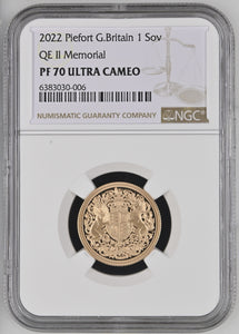 2022 GOLD 1 SOVEREIGN PIEDFORT QE II MEMORIAL PF 70 ULTRA CAMEO - NGC GOLD COINS - Cambridgeshire Coins