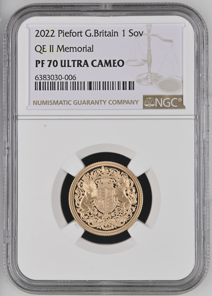 2022 GOLD 1 SOVEREIGN PIEDFORT QE II MEMORIAL PF 70 ULTRA CAMEO - NGC GOLD COINS - Cambridgeshire Coins