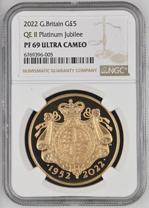 2022 GOLD PROOF £5 QUEEN ELIZABETH II PLATINUM JUBILEE (NGC) PF 69 ULTRA CAMEO - NGC GOLD COINS - Cambridgeshire Coins