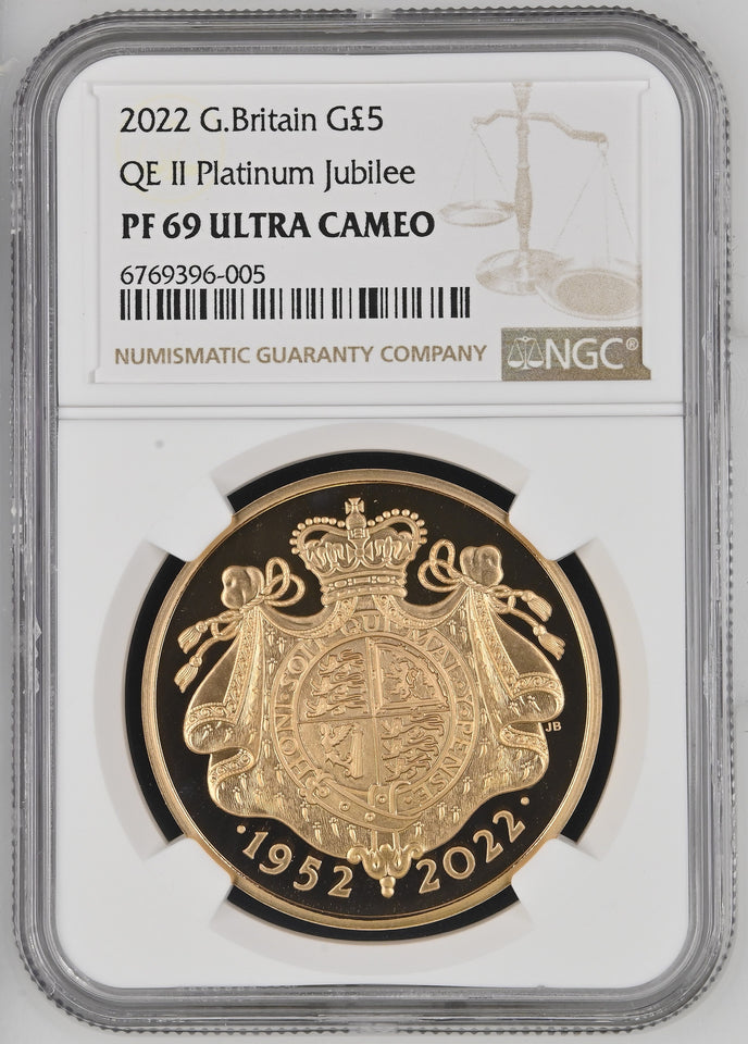 2022 GOLD PROOF £5 QUEEN ELIZABETH II PLATINUM JUBILEE (NGC) PF 69 ULTRA CAMEO - NGC GOLD COINS - Cambridgeshire Coins