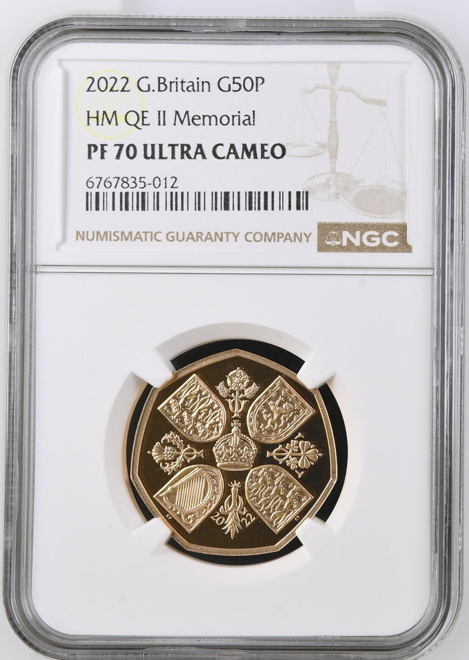2022 GOLD PROOF 50P HM QE II MEMORIAL ULTRA CAMEO PF 70 - NGC GOLD 50P - Cambridgeshire Coins