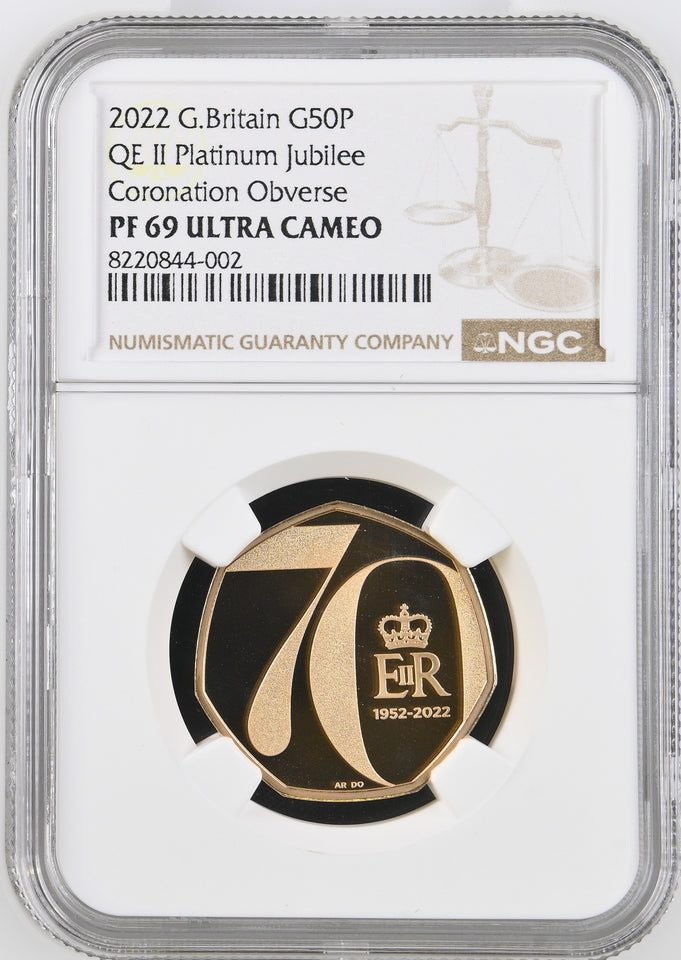 2022 GOLD PROOF 50P QE II PLATINUM JUBILEE CORONATION OBVERSE NGC PF69 ULTRA CAMEO - NGC GOLD 50P - Cambridgeshire Coins