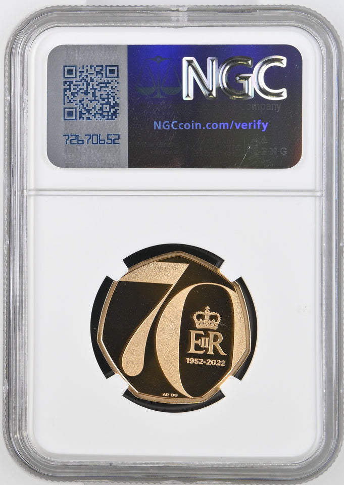 2022 GOLD PROOF 50P QE II PLATINUM JUBILEE CORONATION OBVERSE NGC PF70 ULTRA CAMEO - NGC GOLD 50P - Cambridgeshire Coins