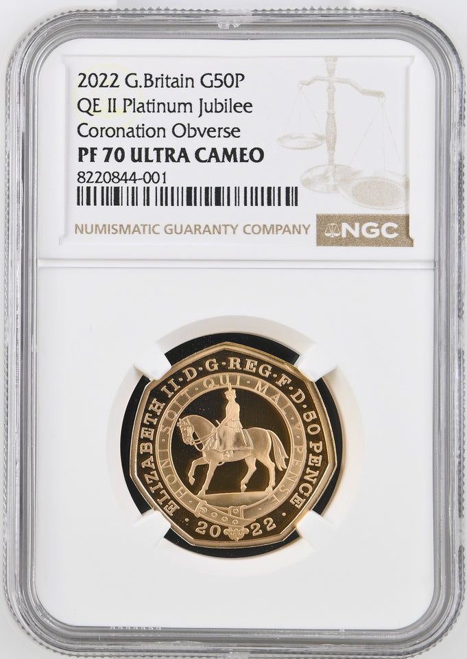 2022 GOLD PROOF 50P QE II PLATINUM JUBILEE CORONATION OBVERSE NGC PF70 ULTRA CAMEO - NGC GOLD 50P - Cambridgeshire Coins
