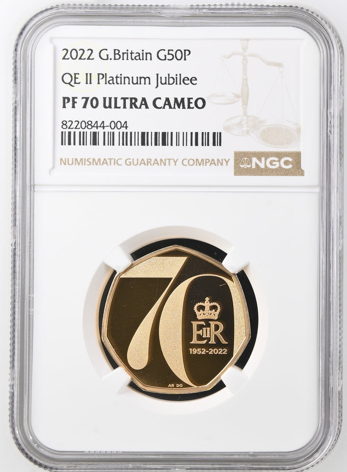 2022 GOLD PROOF 50P QE II PLATINUM JUBILEE NGC PF70 ULTRA CAMEO - NGC GOLD 50P - Cambridgeshire Coins