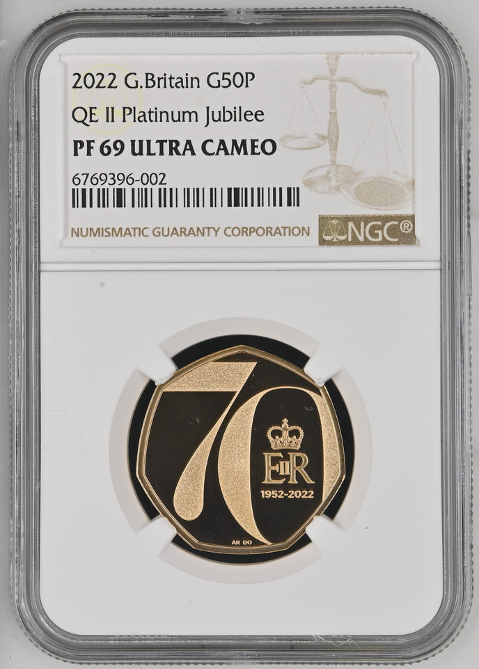 2022 GOLD PROOF 50P QUEEN ELIZABETH II PLATINUM JUBILEE (NGC) PF69 ULTRA CAMEO - NGC GOLD COINS - Cambridgeshire Coins