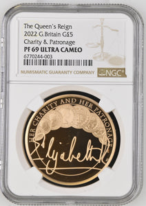 2022 GOLD PROOF THE QUEENS REIGN CHARITY & PATRONAGE £5 (NGC) PF69 ULTRA CAMEO - NGC GOLD COINS - Cambridgeshire Coins