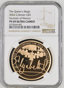 2022 GOLD PROOF THE QUEENS REIGN FOUNTAIN OF HONOUR £5 (NGC) PF69 ULTRA CAMEO - NGC GOLD COINS - Cambridgeshire Coins