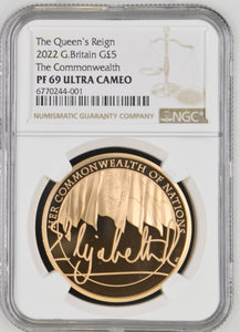 2022 GOLD PROOF THE QUEENS REIGN THE COMMONWEALTH £5 (NGC) PF69 ULTRA CAMEO - NGC GOLD COINS - Cambridgeshire Coins