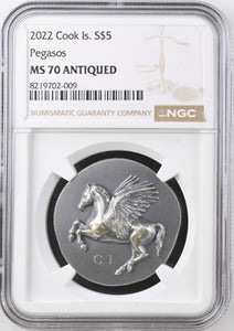 2022 SILVER $5 COOK ISLANDS PEGASOS MS 70 ANTIQUED - NGC SILVER COINS - Cambridgeshire Coins