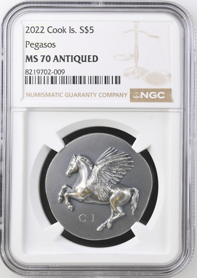 2022 SILVER $5 COOK ISLANDS PEGASOS MS 70 ANTIQUED - NGC SILVER COINS - Cambridgeshire Coins