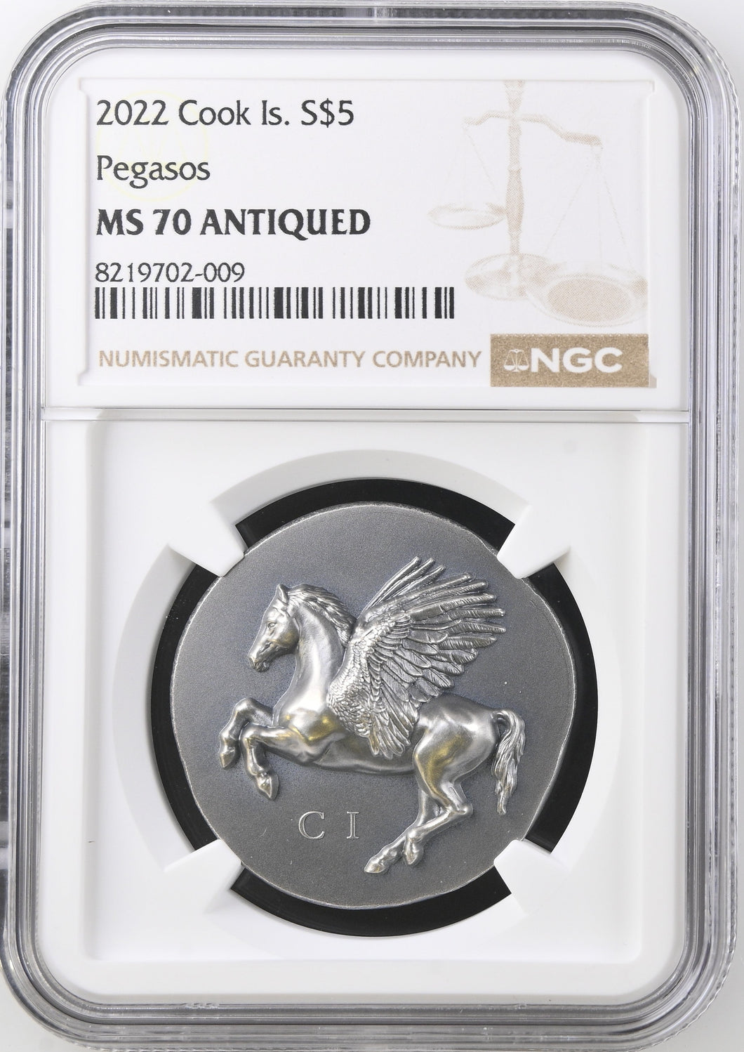 2022 SILVER $5 COOK ISLANDS PEGASOS MS 70 ANTIQUED - NGC SILVER COINS - Cambridgeshire Coins
