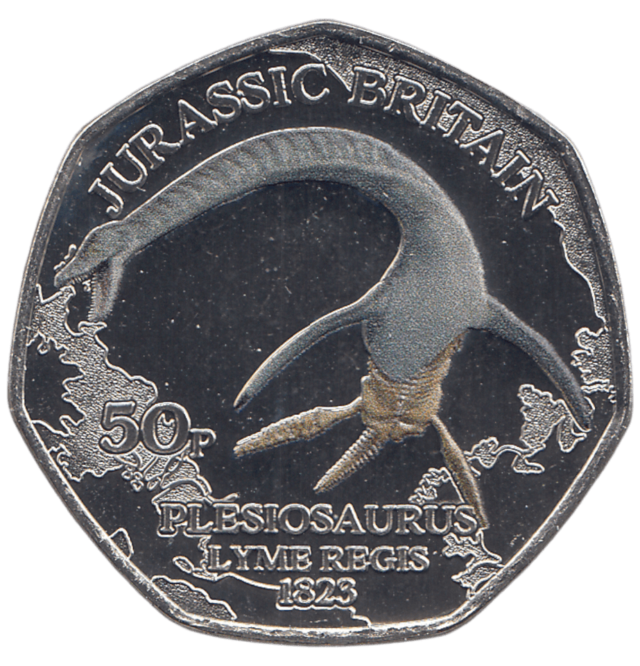 2023 50 PENCE JURASSIC BRITAIN PLESIOSAURUS COLOURED ( BU ) - WORLD COINS - Cambridgeshire Coins