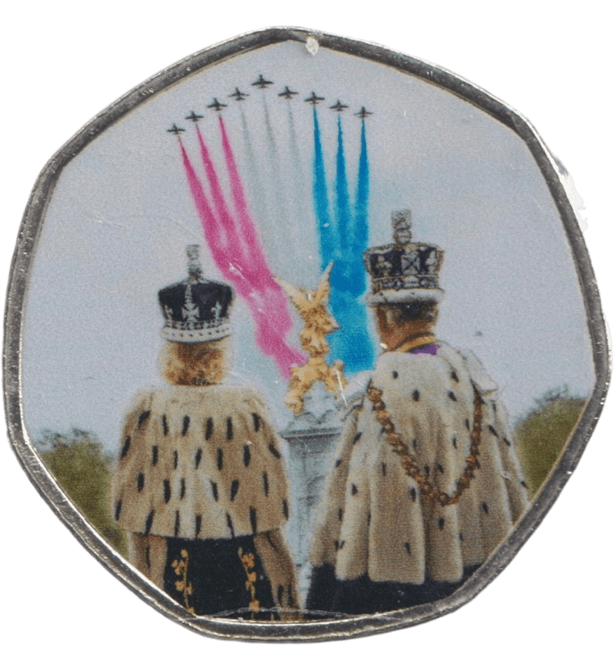 2023 50P SHAPED COIN CHARLES AND CAMILLA CORONATION FLYPAST - 50P SHAPED COIN - Cambridgeshire Coins