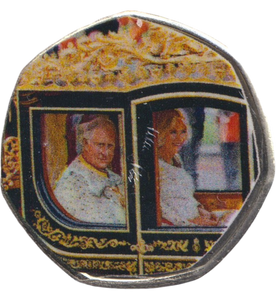 2023 50P SHAPED COIN CHARLES AND CAMILLA INSIDE ROYAL CARRIAGE - 50P SHAPED COIN - Cambridgeshire Coins