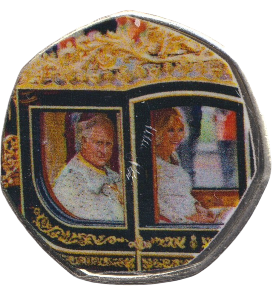 2023 50P SHAPED COIN CHARLES AND CAMILLA INSIDE ROYAL CARRIAGE - 50P SHAPED COIN - Cambridgeshire Coins