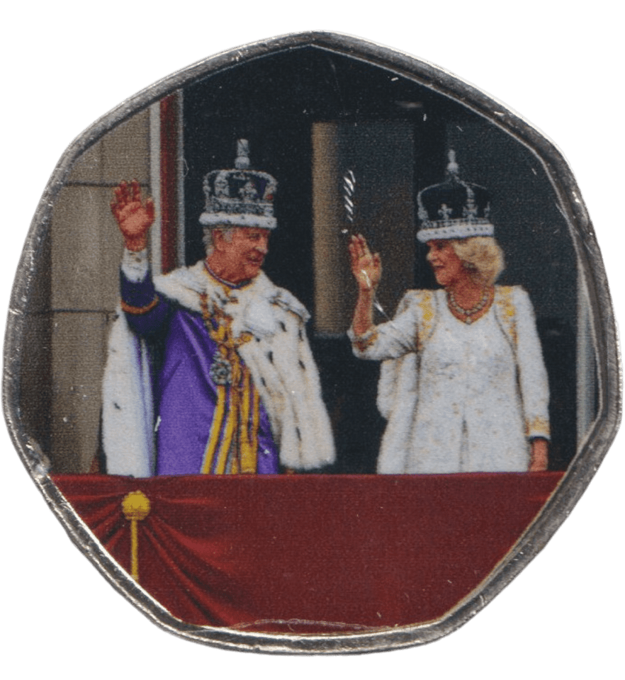 2023 50P SHAPED COIN CHARLES AND CAMILLA WAVING - 50P SHAPED COIN - Cambridgeshire Coins