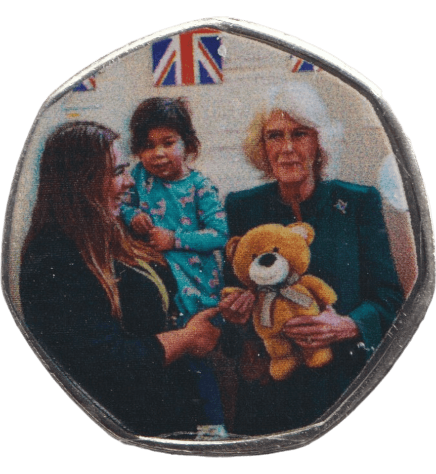 2023 50P SHAPED COIN LONG TO REIGN OVER US CAMILLA WITH TEDDY BEAR - 50P SHAPED COIN - Cambridgeshire Coins