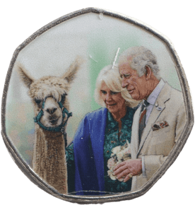 2023 50P SHAPED COIN LONG TO REIGN OVER US CHARLES AND CAMILLA WITH ALPACA - 50P SHAPED COIN - Cambridgeshire Coins