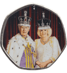 2023 50P SHAPED COIN LONG TO REIGN OVER US CHARLES III AND CAMILLA DRESSED IN REGALIA - 50P SHAPED COIN - Cambridgeshire Coins