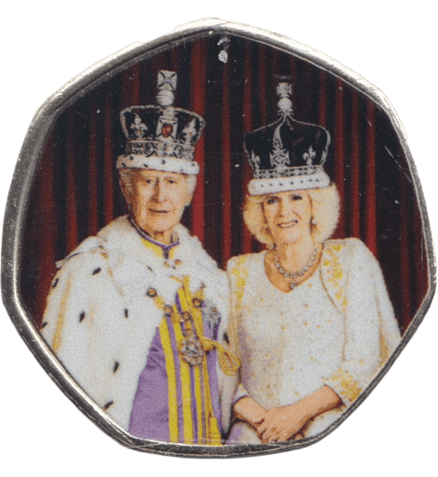 2023 50P SHAPED COIN LONG TO REIGN OVER US CHARLES III AND CAMILLA DRESSED IN REGALIA - 50P SHAPED COIN - Cambridgeshire Coins