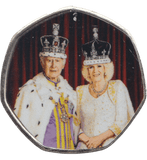2023 50P SHAPED COIN LONG TO REIGN OVER US CHARLES III AND CAMILLA DRESSED IN REGALIA - 50P SHAPED COIN - Cambridgeshire Coins