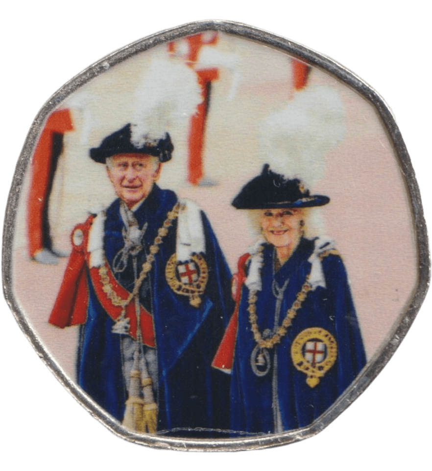 2023 50P SHAPED COIN LONG TO REIGN OVER US CHARLES III AND CAMILLA GARTER DAY SERVICE - 50P SHAPED COIN - Cambridgeshire Coins