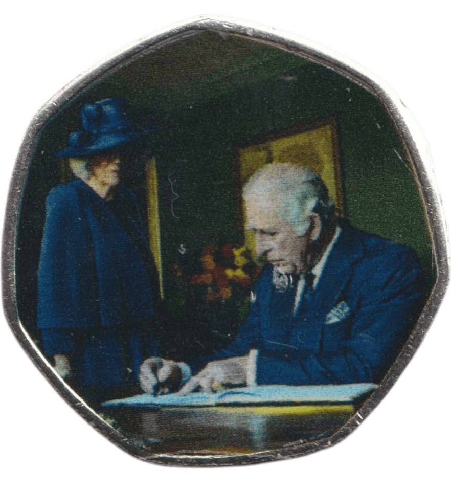 2023 50P SHAPED COIN LONG TO REIGN OVER US CHARLES III AND CAMILLA SIGNING CEREMONY - 50P SHAPED COIN - Cambridgeshire Coins
