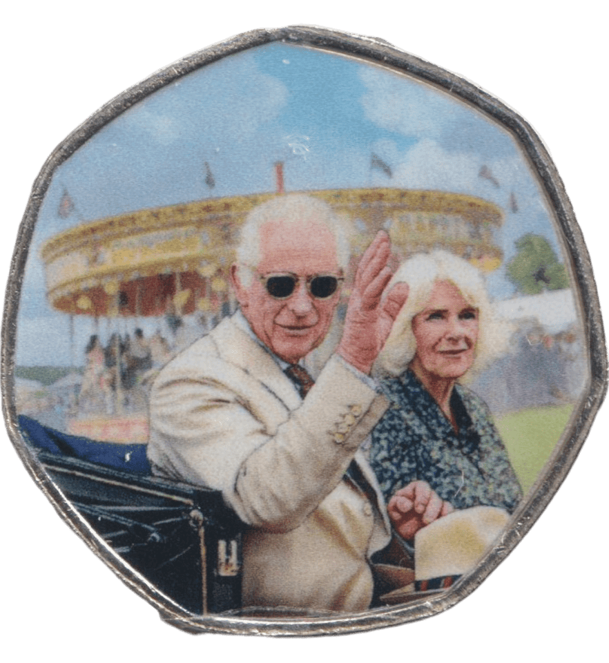 2023 50P SHAPED COIN LONG TO REIGN OVER US CHARLES III AND CAMILLA WAVING FROM A CARRIAGE - 50P SHAPED COIN - Cambridgeshire Coins