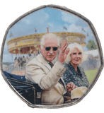 2023 50P SHAPED COIN LONG TO REIGN OVER US CHARLES III AND CAMILLA WAVING FROM A CARRIAGE - 50P SHAPED COIN - Cambridgeshire Coins