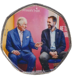 2023 50P SHAPED COIN LONG TO REIGN OVER US CHARLES III AND GARETH SOUTHGATE - 50P SHAPED COIN - Cambridgeshire Coins