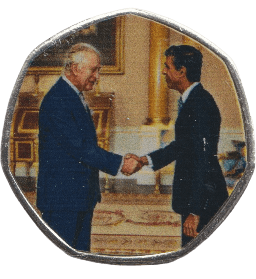 2023 50P SHAPED COIN LONG TO REIGN OVER US CHARLES III AND RISHI SUNAK - 50P SHAPED COIN - Cambridgeshire Coins