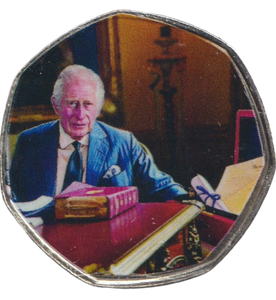 2023 50P SHAPED COIN LONG TO REIGN OVER US CHARLES III AT HIS DESK - 50P SHAPED COIN - Cambridgeshire Coins
