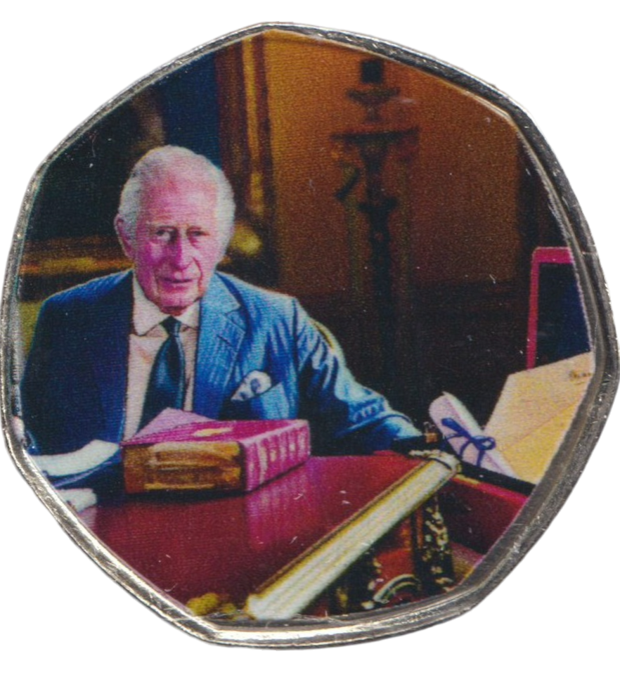 2023 50P SHAPED COIN LONG TO REIGN OVER US CHARLES III AT HIS DESK - 50P SHAPED COIN - Cambridgeshire Coins