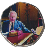 2023 50P SHAPED COIN LONG TO REIGN OVER US CHARLES III AT HIS DESK - 50P SHAPED COIN - Cambridgeshire Coins