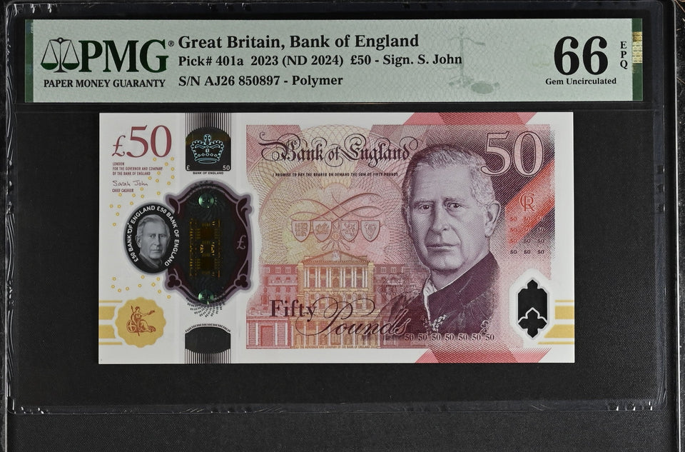 2023 FIFTY POUNDS BANKNOTE S. JOHN P401a PMG 66 GEM UNCIRCULATED AJ26850897 - PMG CERTIFIED ENGLISH BANKNOTES - Cambridgeshire Coins