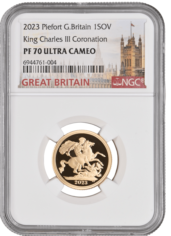 2023 GOLD PROOF PIEFORT SOVEREIGN KING CHARLES III CORONATION NGC PF 70 - NGC GOLD SOVEREIGN - Cambridgeshire Coins