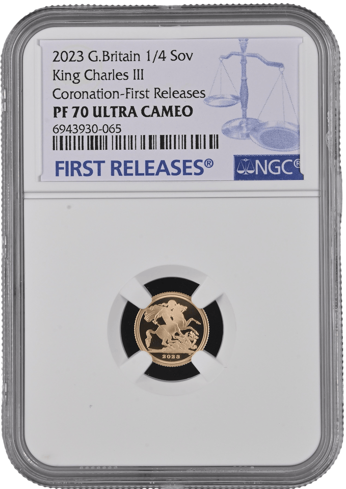 2023 GOLD PROOF QUARTER SOVEREIGN CORONATION NGC PF 70 - NGC GOLD COINS - Cambridgeshire Coins
