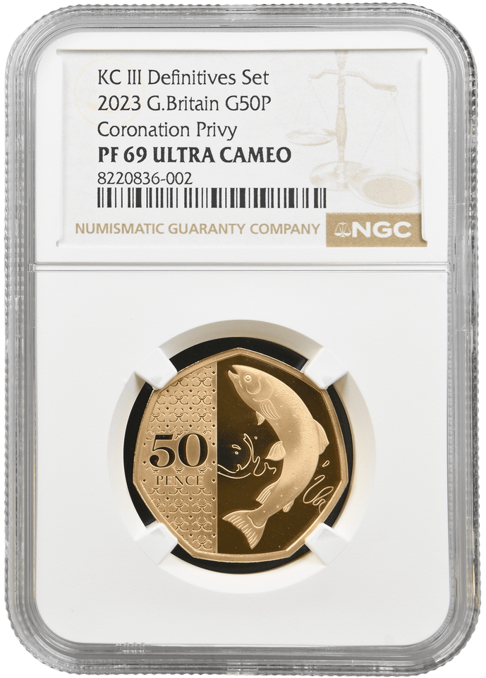 2023 GOLD SALMON 50P CORONATION PRIVY PF 69 ULTRA CAMEO NGC - NGC GOLD 50P - Cambridgeshire Coins