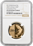 2023 GOLD SALMON 50P CORONATION PRIVY PF 69 ULTRA CAMEO NGC - NGC GOLD 50P - Cambridgeshire Coins